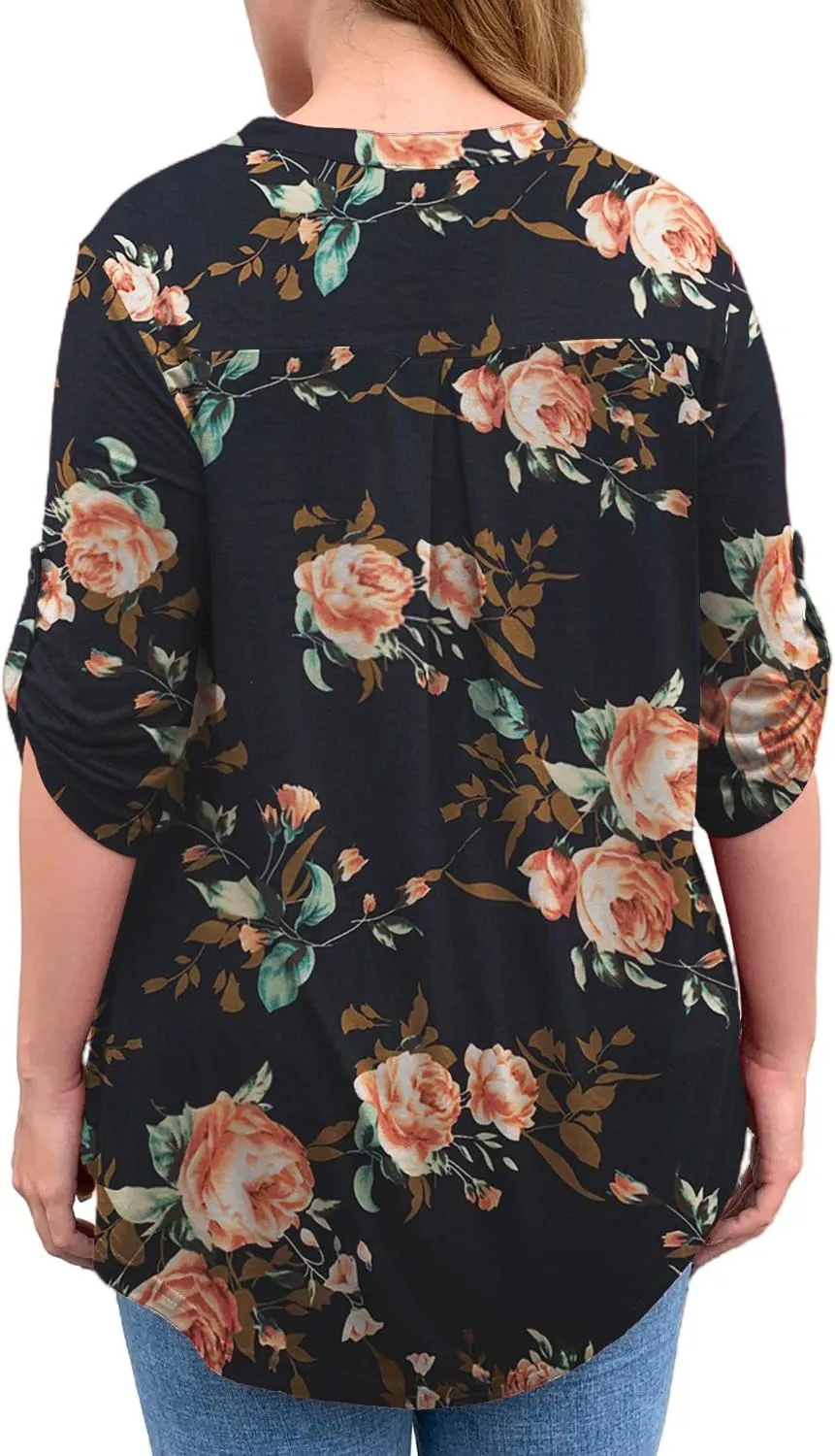 a.Jesdani Women's Plus Size Tops 3/4 Roll Sleeve Shirts V Neck Blouses Tunic Top
