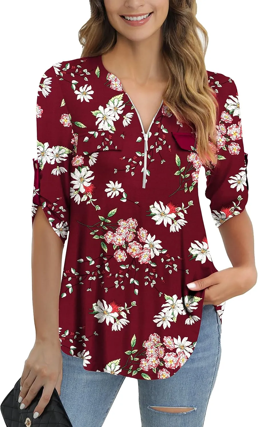 a.Jesdani Women's Plus Size Tops 3/4 Roll Sleeve Shirts V Neck Blouses Tunic Top