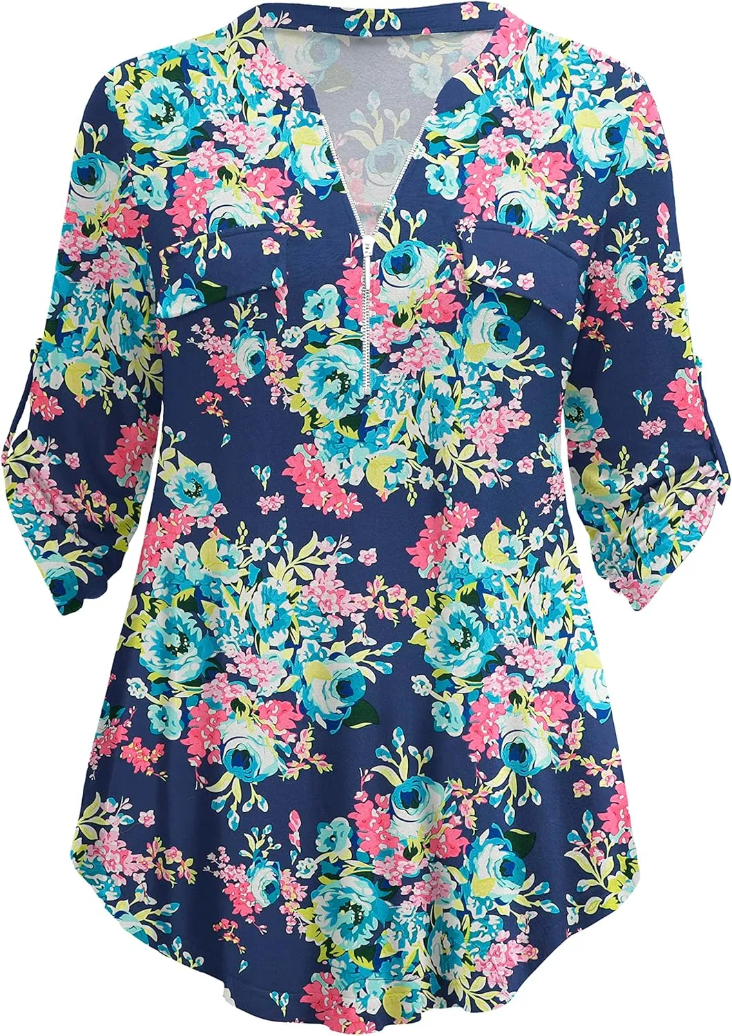 a.Jesdani Women's Plus Size Tops 3/4 Roll Sleeve Shirts V Neck Blouses Tunic Top
