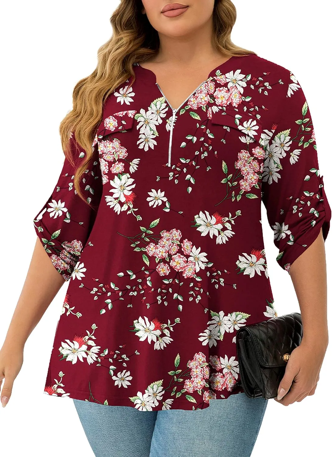 a.Jesdani Women's Plus Size Tops 3/4 Roll Sleeve Shirts V Neck Blouses Tunic Top