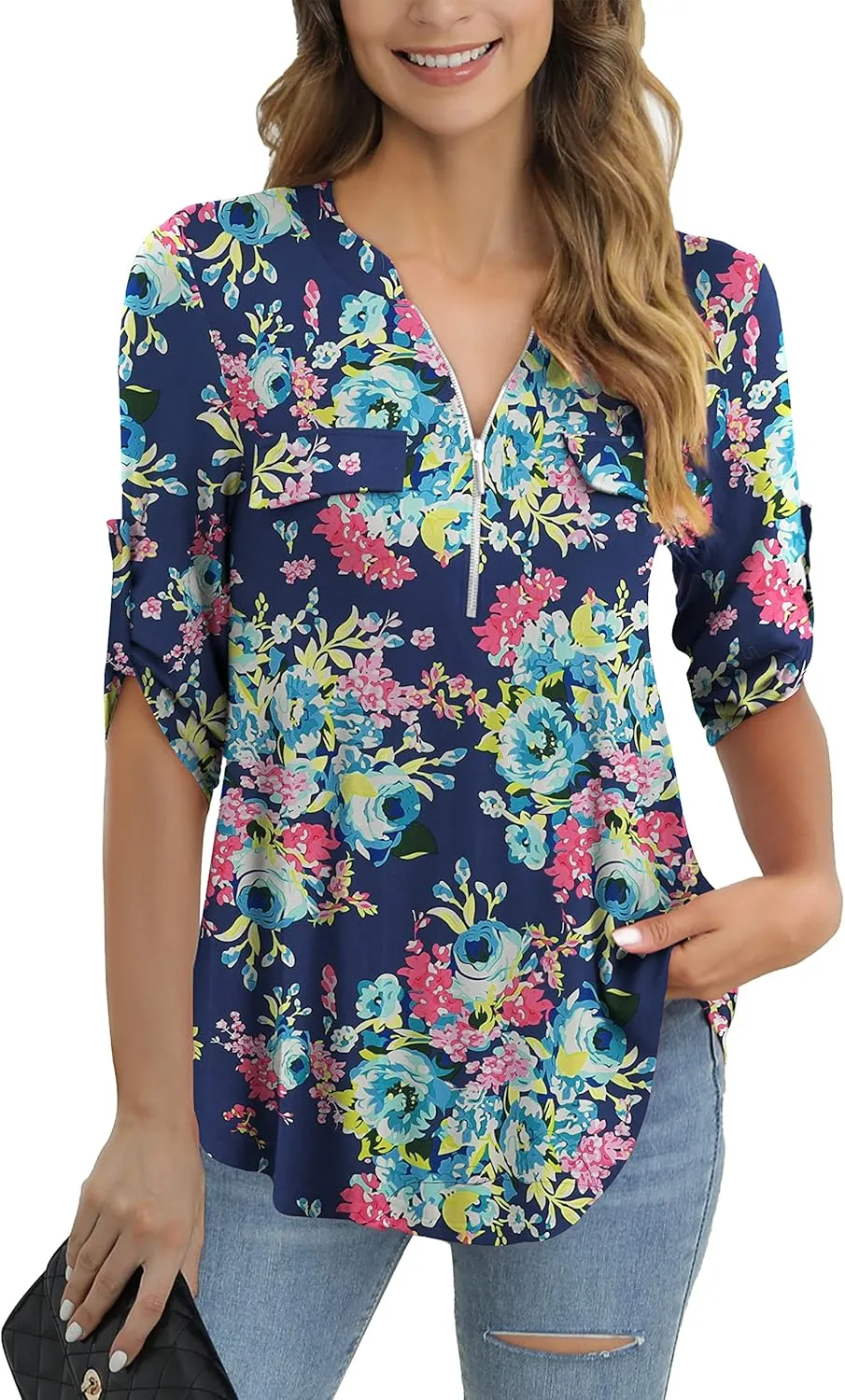 a.Jesdani Women's Plus Size Tops 3/4 Roll Sleeve Shirts V Neck Blouses Tunic Top