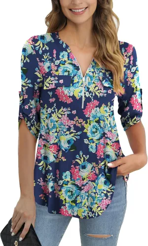 a.Jesdani Women's Plus Size Tops 3/4 Roll Sleeve Shirts V Neck Blouses Tunic Top