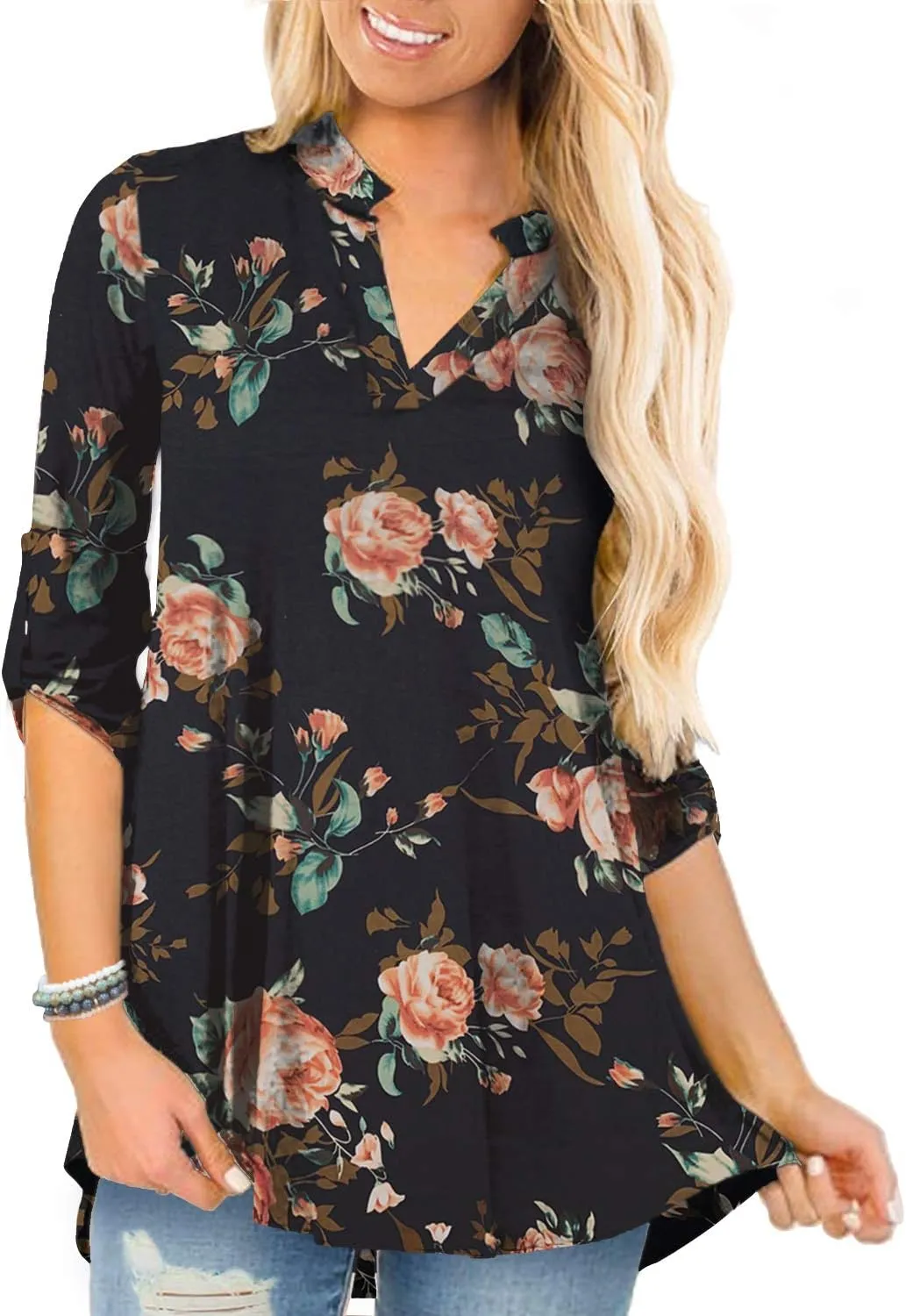 a.Jesdani Women's Plus Size Tops 3/4 Roll Sleeve Shirts V Neck Blouses Tunic Top
