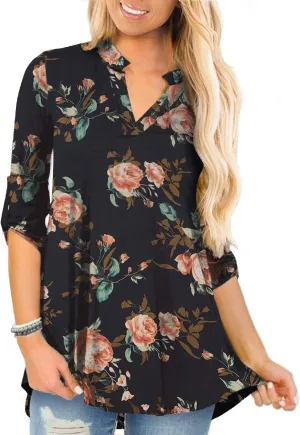 a.Jesdani Women's Plus Size Tops 3/4 Roll Sleeve Shirts V Neck Blouses Tunic Top