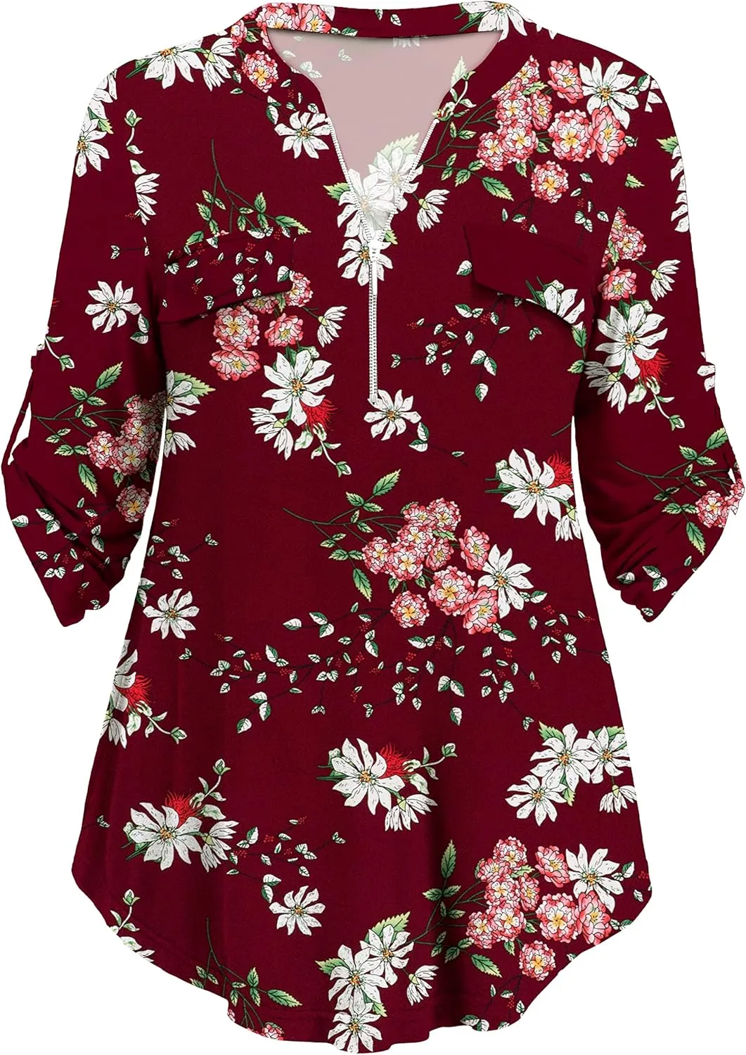 a.Jesdani Women's Plus Size Tops 3/4 Roll Sleeve Shirts V Neck Blouses Tunic Top