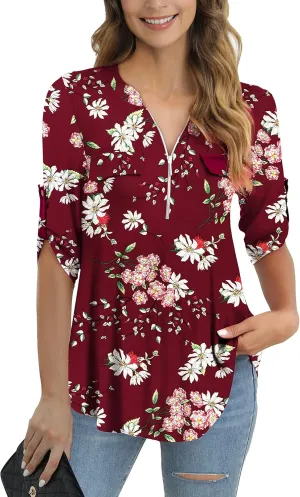 a.Jesdani Women's Plus Size Tops 3/4 Roll Sleeve Shirts V Neck Blouses Tunic Top