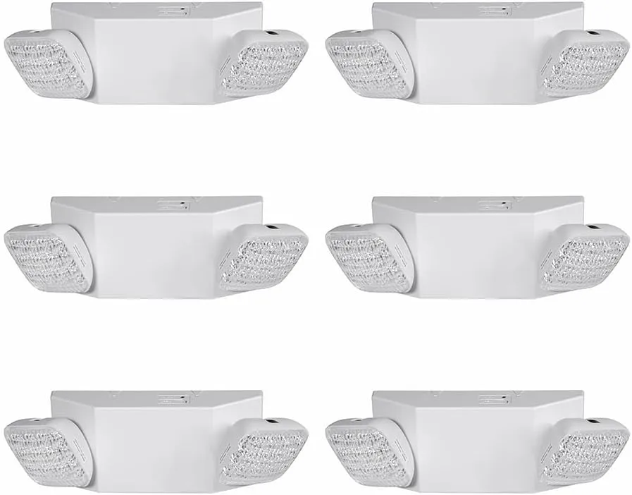 AKT LIGHTING Commercial Emergency Light, UL Certified, White Emergency Light Fixture with 2 LED Square Heads Adjustable & Backup Batteries Exit Lighting Pack of 6