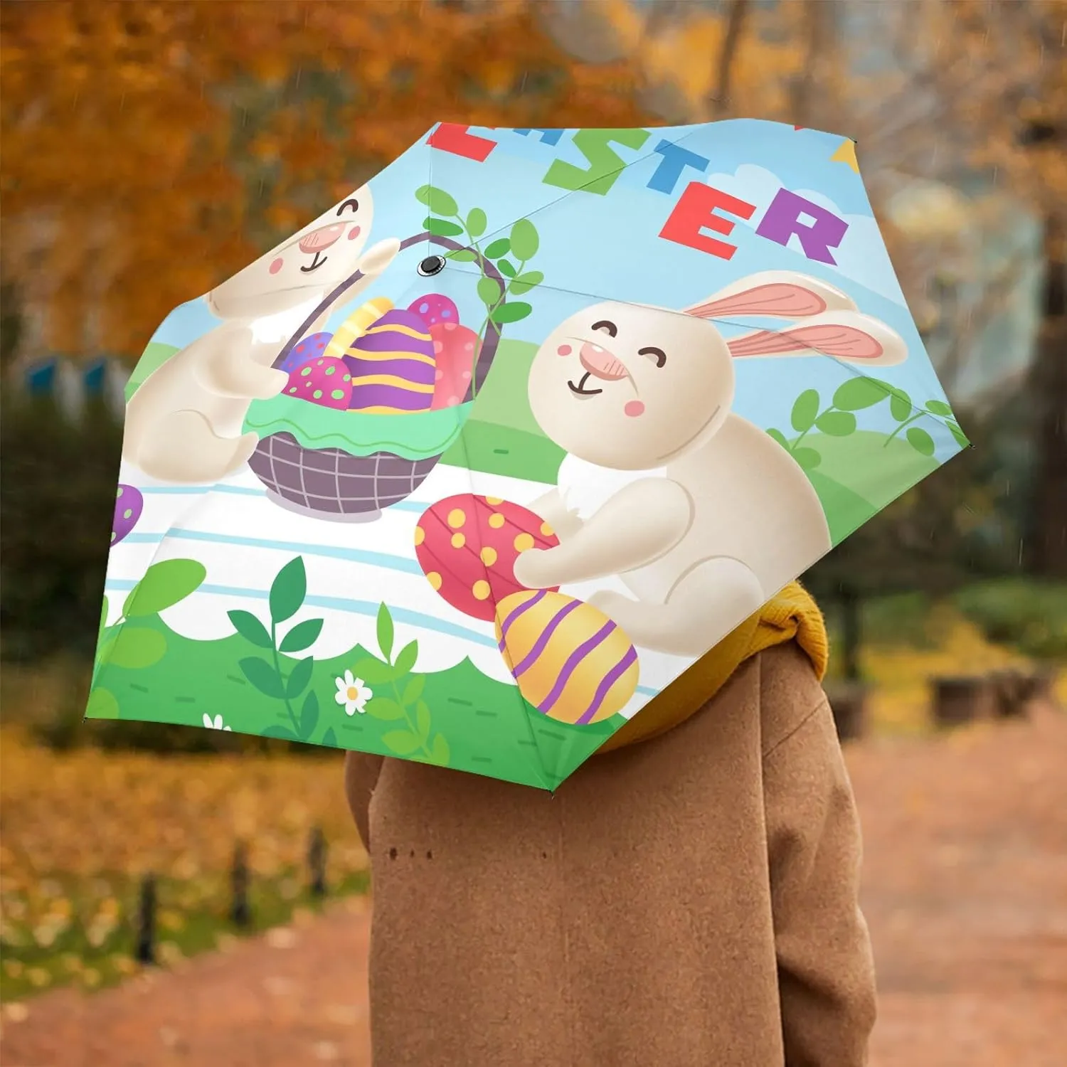 ALAZA Travel Compact Umbrella, Easter Decorated Eggs and Funny Rabbits Automatic Open Rain Umbrella for Men and Women