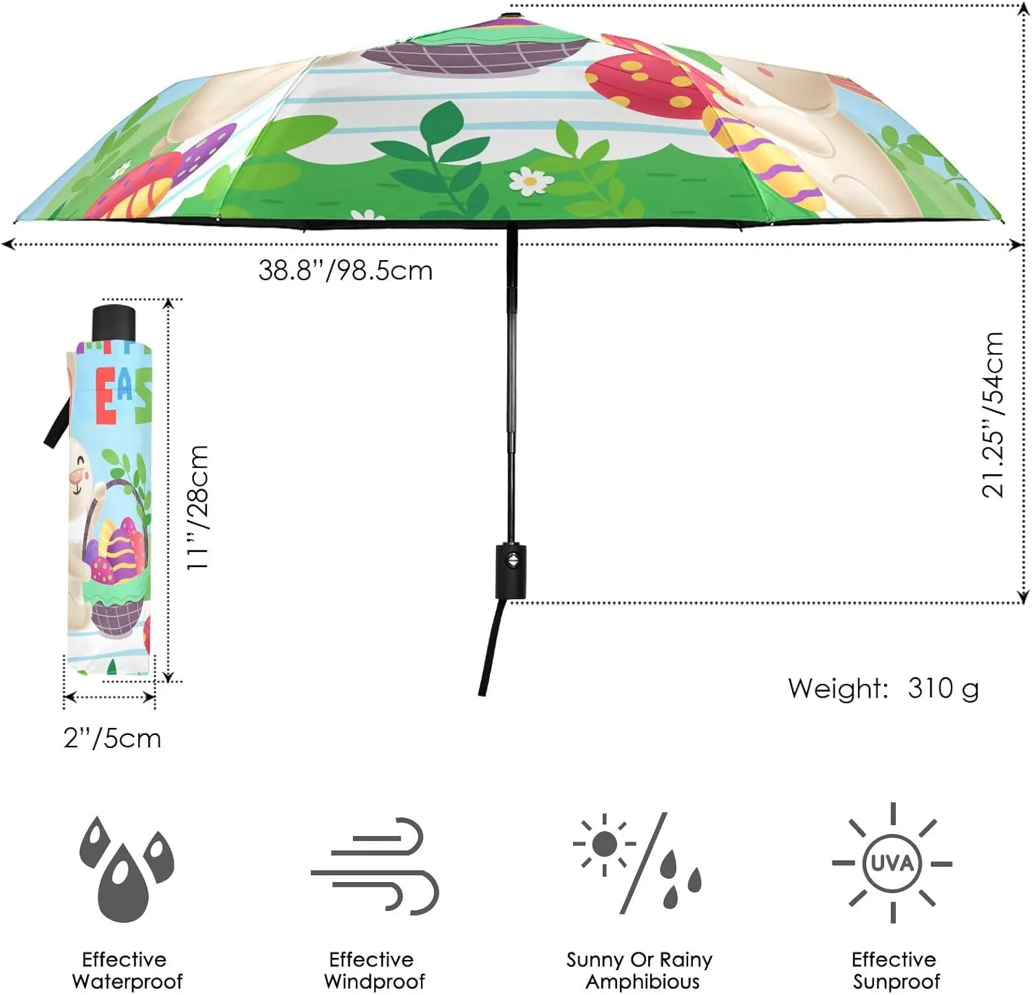 ALAZA Travel Compact Umbrella, Easter Decorated Eggs and Funny Rabbits Automatic Open Rain Umbrella for Men and Women