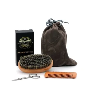 Alpha Aura Beard Grooming Kit – Beard Brush & Comb Set with Mustache Scissors – Natural Boar Bristle Brush, Dual-Action Pear Wood Comb & Travel Pouch