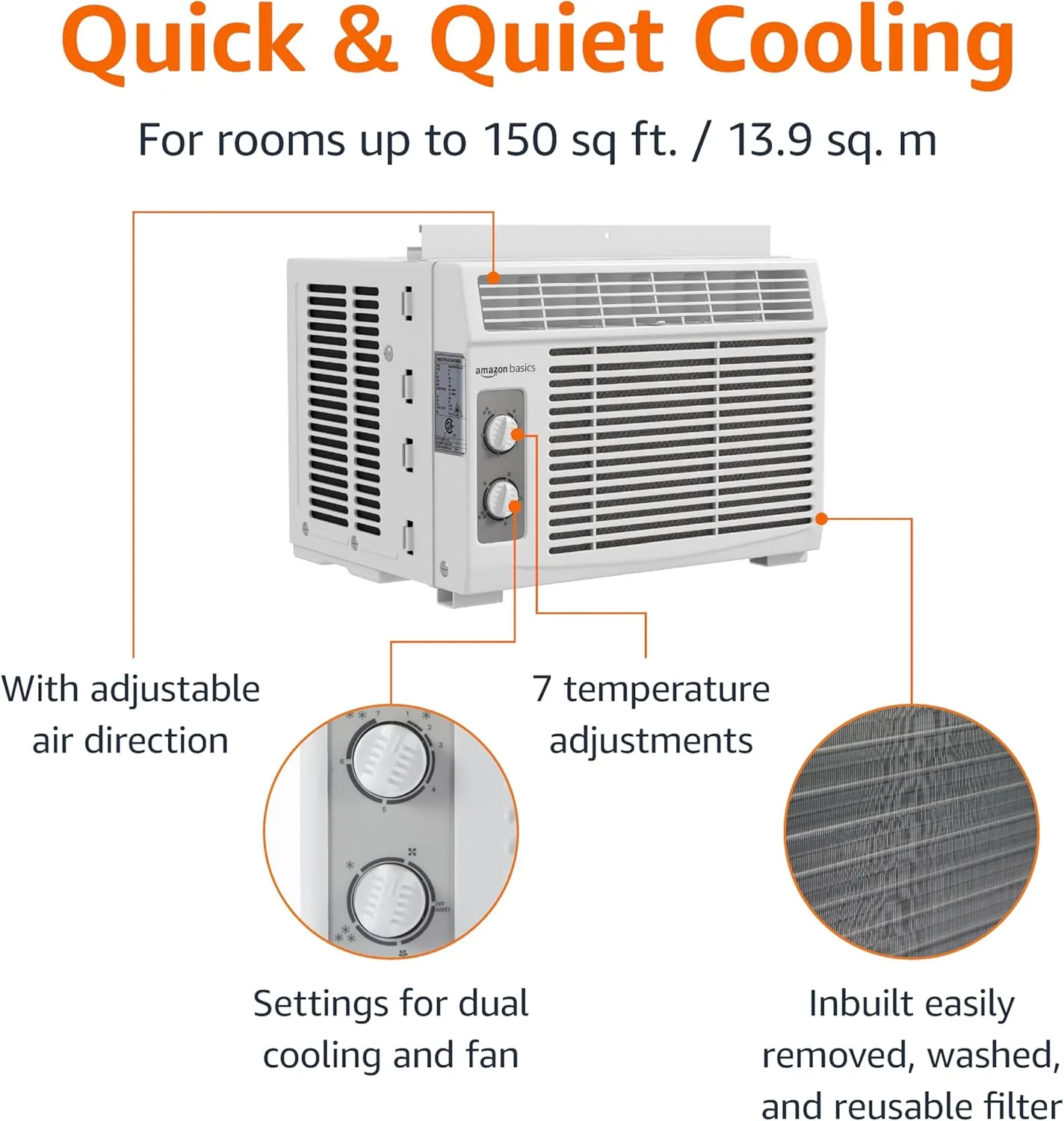 Amazon Basics 5000 BTU Small Window Air Conditioner, Up to 150 Sqf, Window AC Units with Cool and Fan Functions, Washable Filter, Adjustable Window Fit, Intuitive Mechanical Controls, White