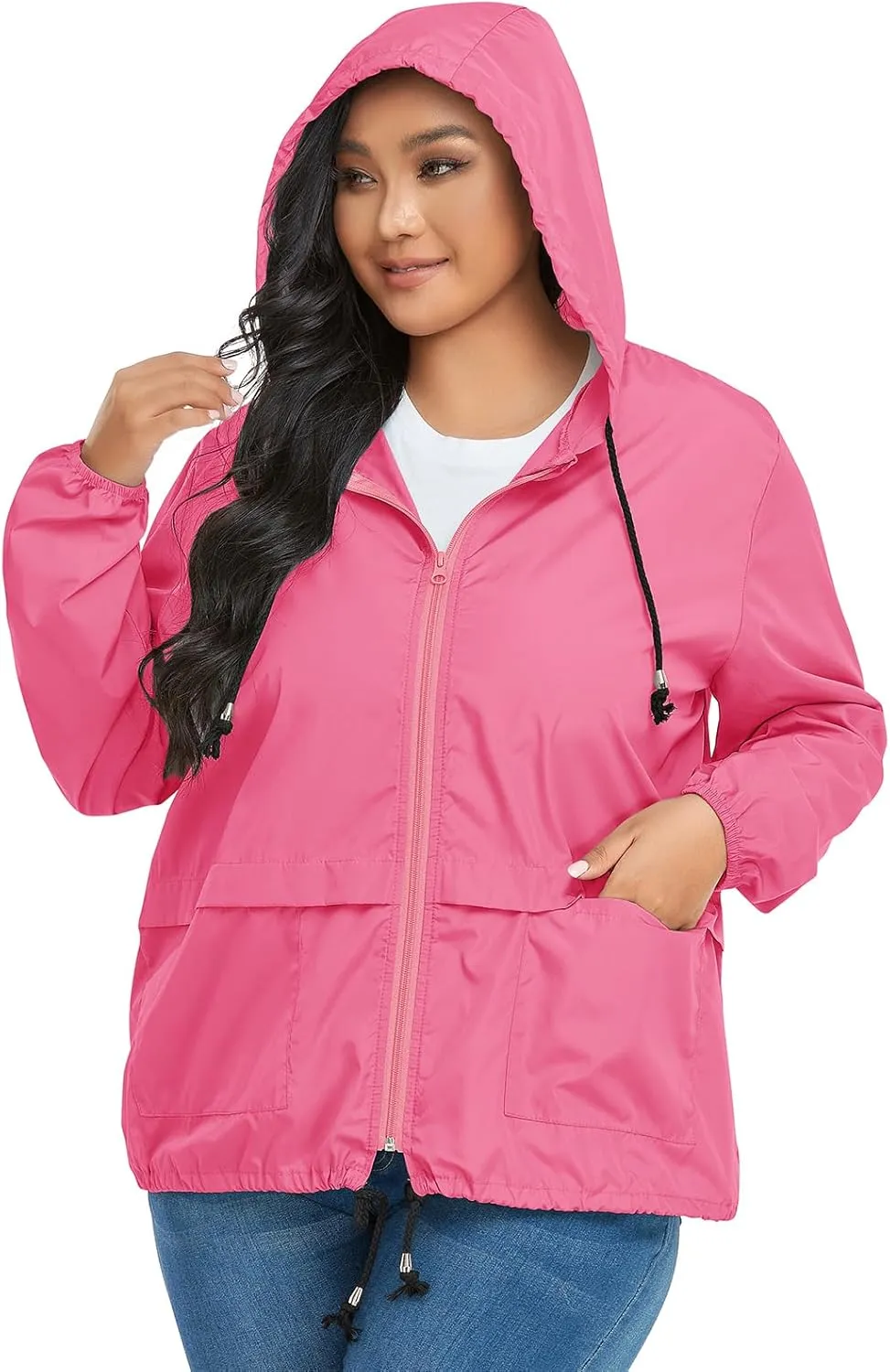 American Trends Women Plus Size Light RainCoat Jackets Packable Hooded Waterproof Windbreaker for Women