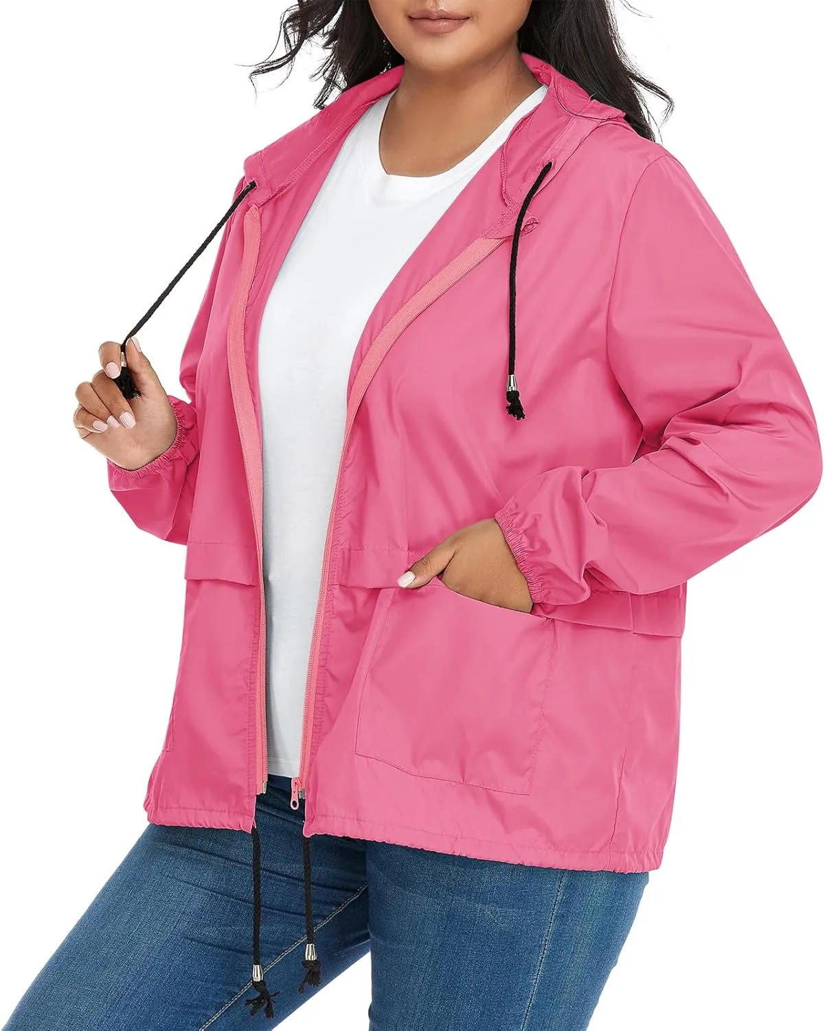 American Trends Women Plus Size Light RainCoat Jackets Packable Hooded Waterproof Windbreaker for Women