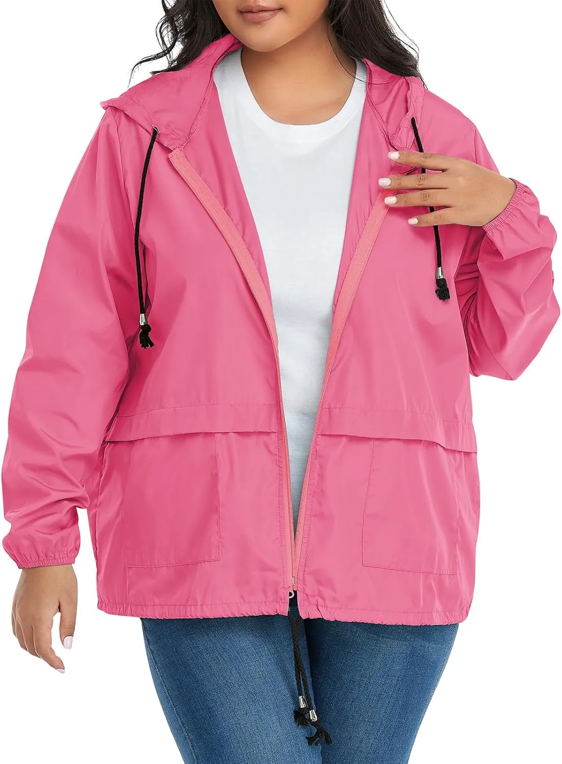 American Trends Women Plus Size Light RainCoat Jackets Packable Hooded Waterproof Windbreaker for Women