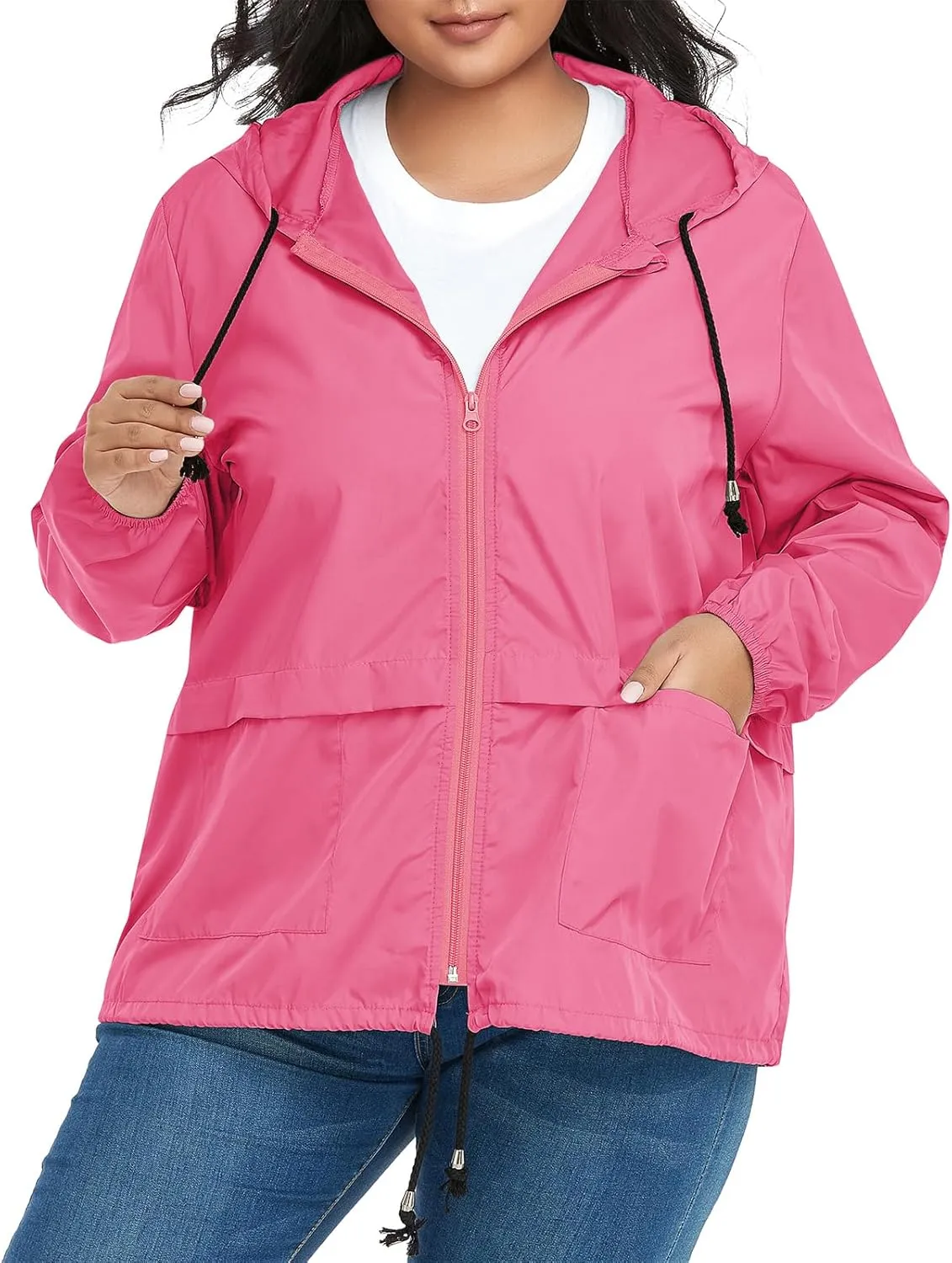 American Trends Women Plus Size Light RainCoat Jackets Packable Hooded Waterproof Windbreaker for Women