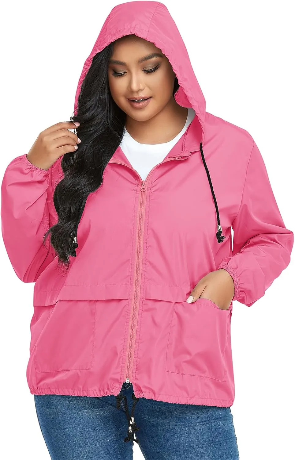 American Trends Women Plus Size Light RainCoat Jackets Packable Hooded Waterproof Windbreaker for Women