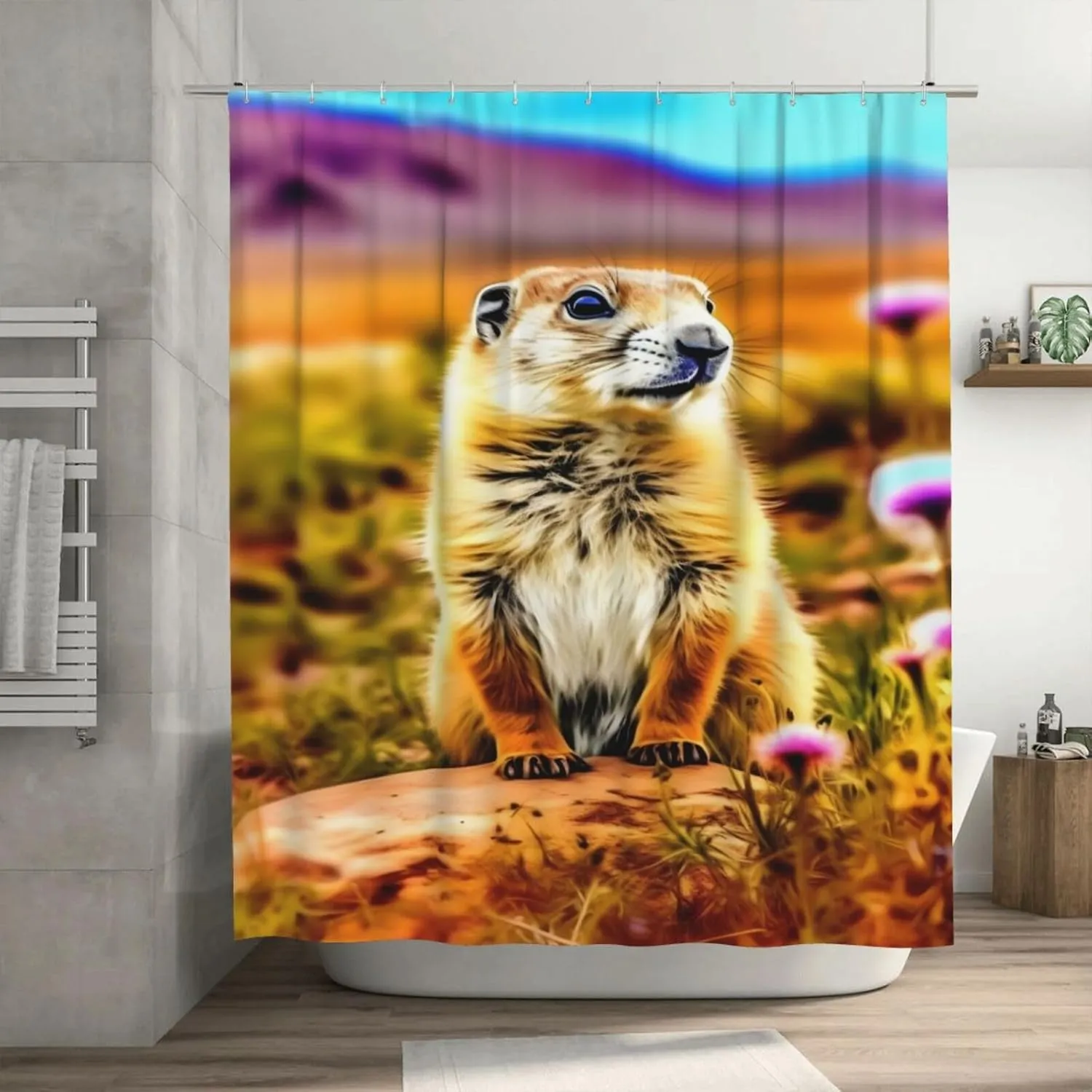 Animal Shower Curtain for Adults - Cute Prairie Dog Shower Curtains for Bathroom - Natural Scenery Animal Curtains Set with Hooks 72x72inch