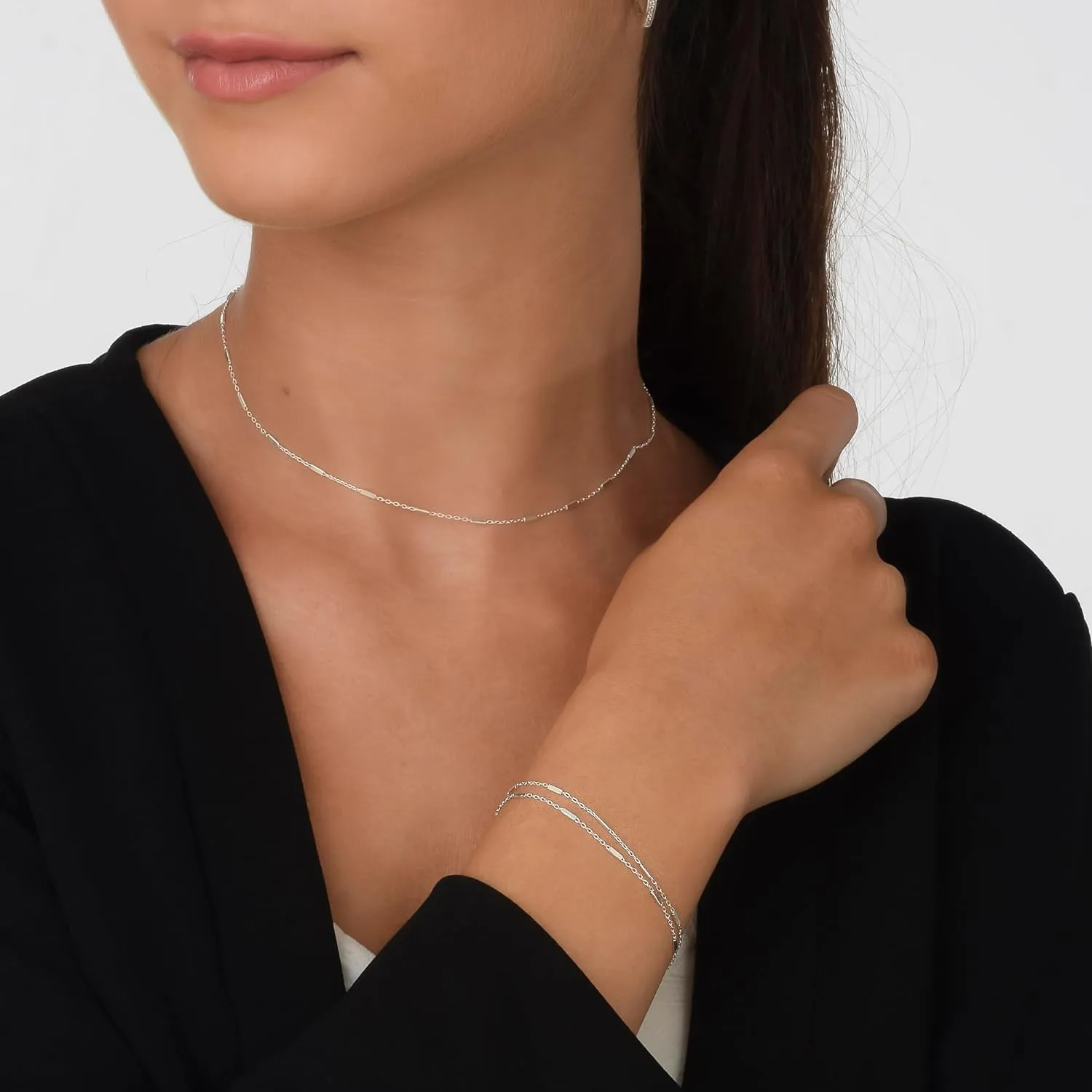 Annika Bella Sterling Silver Tubes Satellite Chain Choker Necklace, Length 13-16 Inches, 925 Layered Chokers for Women and Teens, Waterproof, Minimalist Layer Short Necklaces (Tubes Chain)