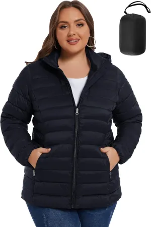 ANOTHER CHOICE Plus Size Packable Puffer Coat for Women, Light Weight Winter Jacket with Hood