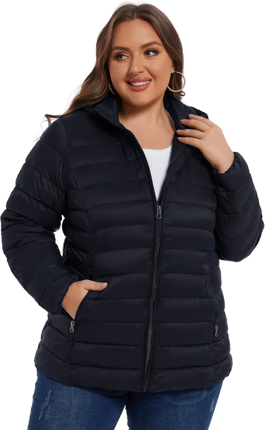 ANOTHER CHOICE Plus Size Packable Puffer Coat for Women, Light Weight Winter Jacket with Hood
