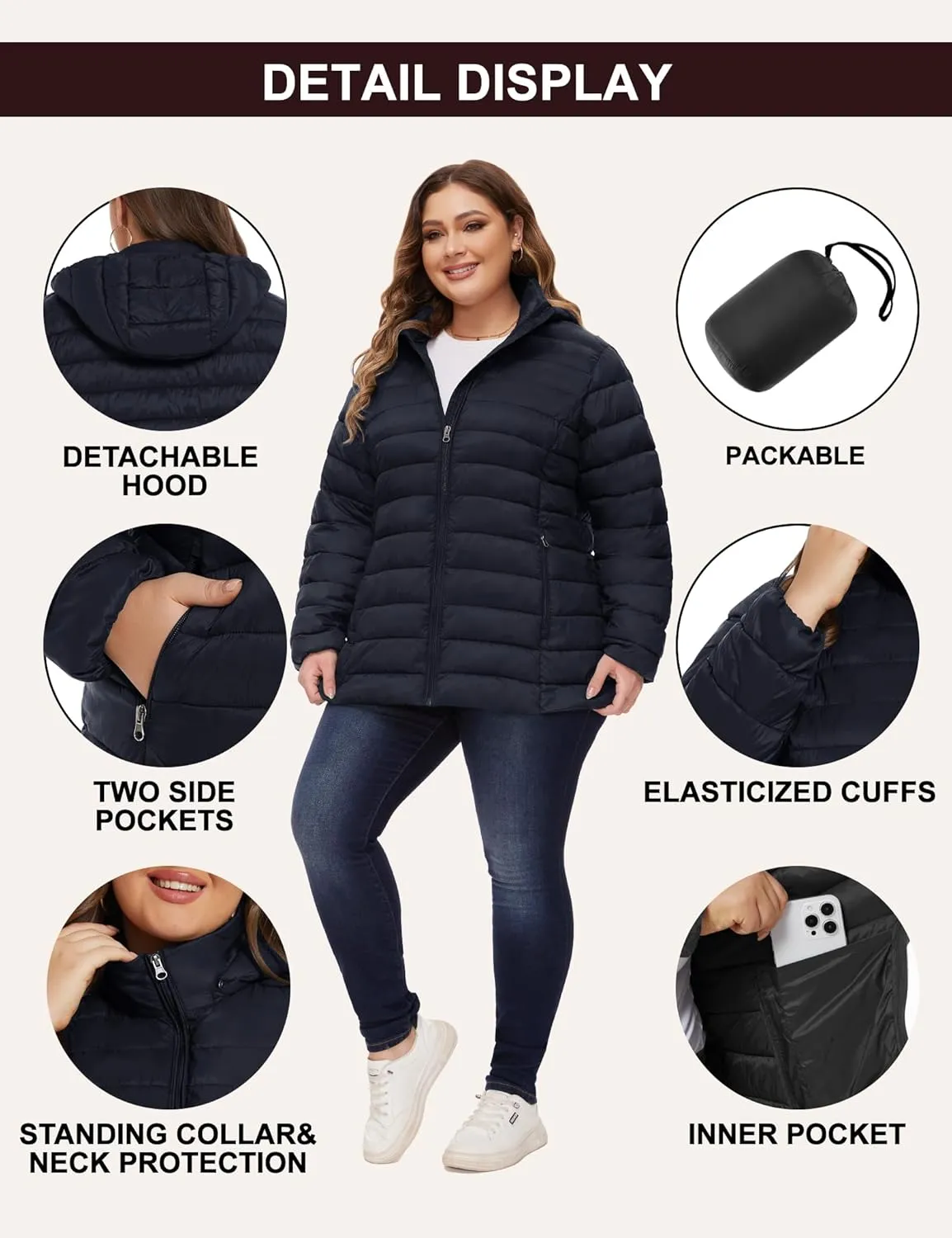 ANOTHER CHOICE Plus Size Packable Puffer Coat for Women, Light Weight Winter Jacket with Hood
