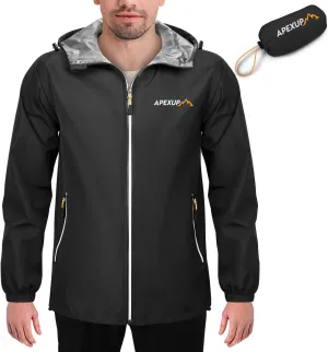 APEXUP Packable Rain Jacket Men with Reflective Zipper, Lightweight Waterproof Raincoat, Mens Rain Jacket for Outdoor Sports