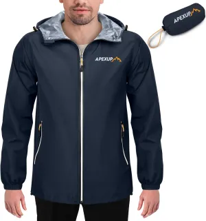 APEXUP Packable Rain Jacket Men with Reflective Zipper, Lightweight Waterproof Raincoat, Mens Rain Jacket for Outdoor Sports