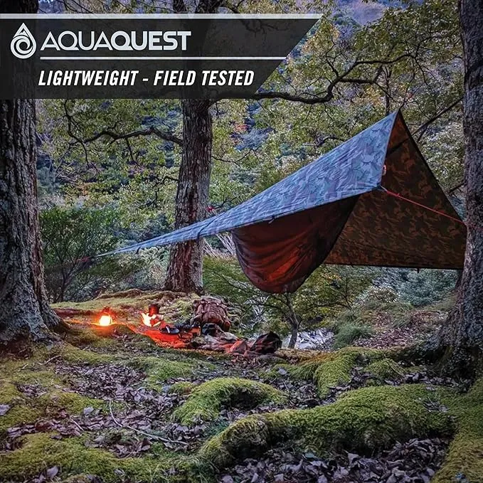 AquaQuest Safari Camping Tarp - Lightweight Durable Rain Fly - Waterproof Camping Essentials for Hiking, Backpacking & Hammock, 15 x 15 ft, Woodland Camo