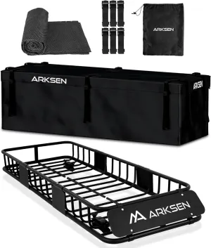 ARKSEN Skinny Roof Rack 64"x23"x6" Cargo Carrier with Waterproof Bag & Anti-Slip Mat, Heavy Duty Weather Resistant Top Mount Cargo Basket, Luggage Camping Gear Storage for Car, Truck or SUV Transport