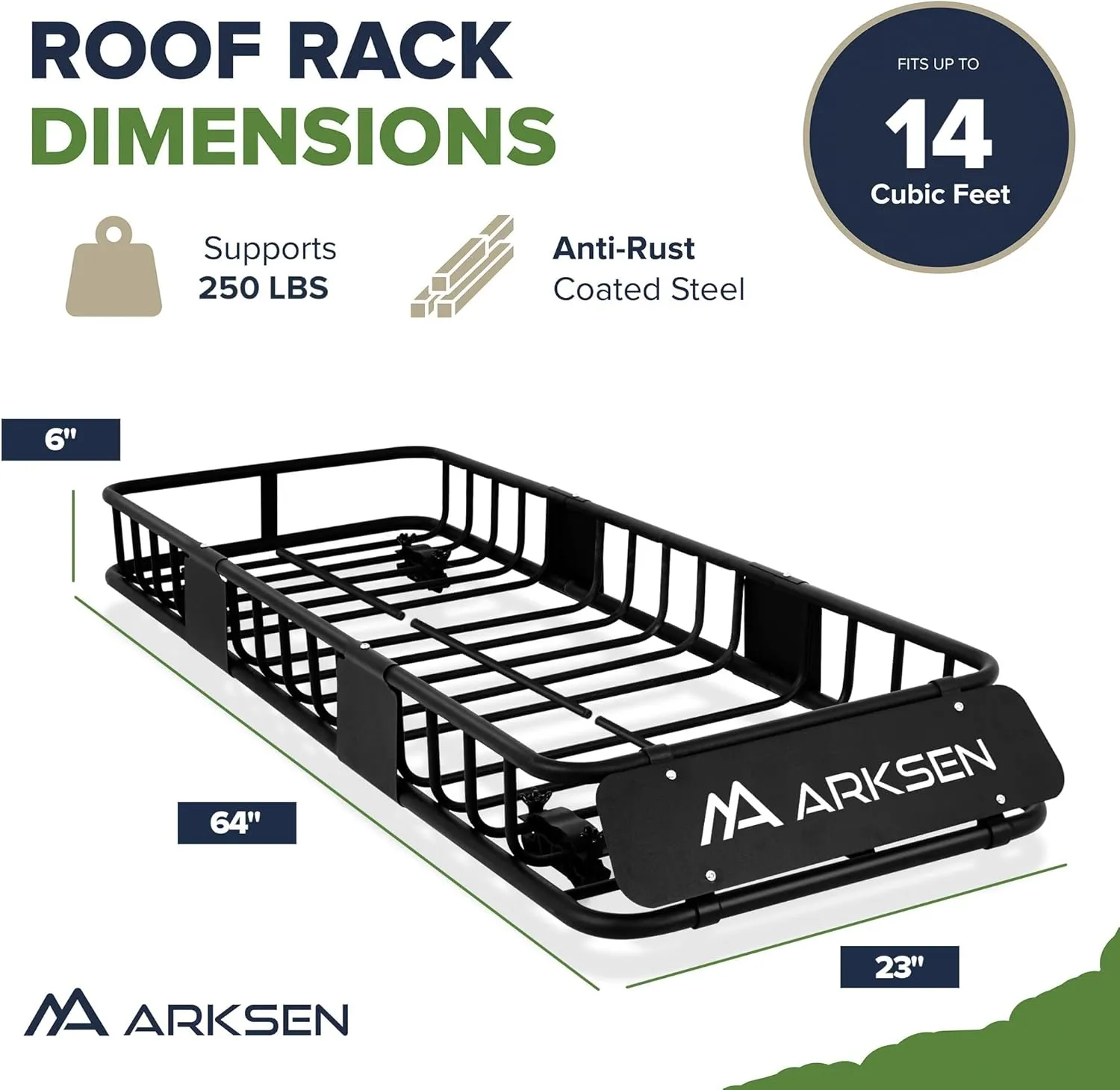 ARKSEN Skinny Roof Rack 64"x23"x6" Cargo Carrier with Waterproof Bag & Anti-Slip Mat, Heavy Duty Weather Resistant Top Mount Cargo Basket, Luggage Camping Gear Storage for Car, Truck or SUV Transport
