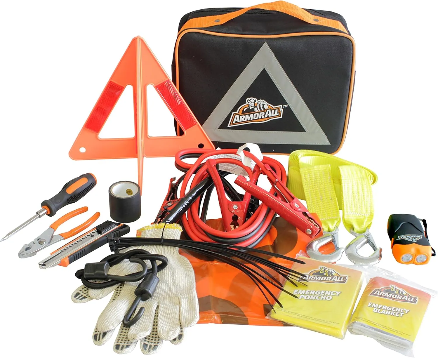 Armor All Roadside Emergency Kit – Reflective Safety Triangle - Jumper Cables, Car Towing Strap, Tools, Flashlight, Assistance, Tire Pressure Gauge