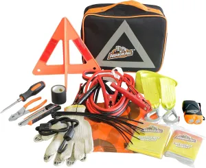 Armor All Roadside Emergency Kit – Reflective Safety Triangle - Jumper Cables, Car Towing Strap, Tools, Flashlight, Assistance, Tire Pressure Gauge