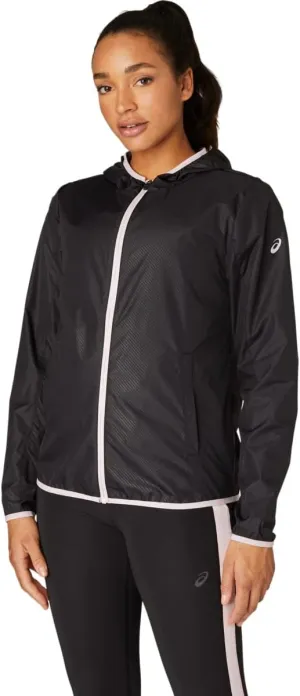 ASICS Women's PACKABLE JACKET Running Apparel, M, PERFORMANCE BLACK EMBOSS/PINK SALT