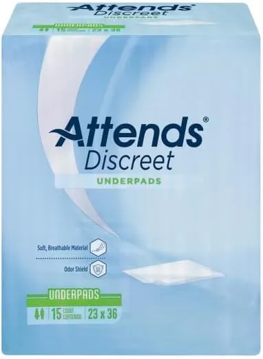 Attends Discreet Underpads, 23"x36" Disposable Absorbent Pad for Skin and Surface Protection, Heavy Absorbency, 15ct Bag