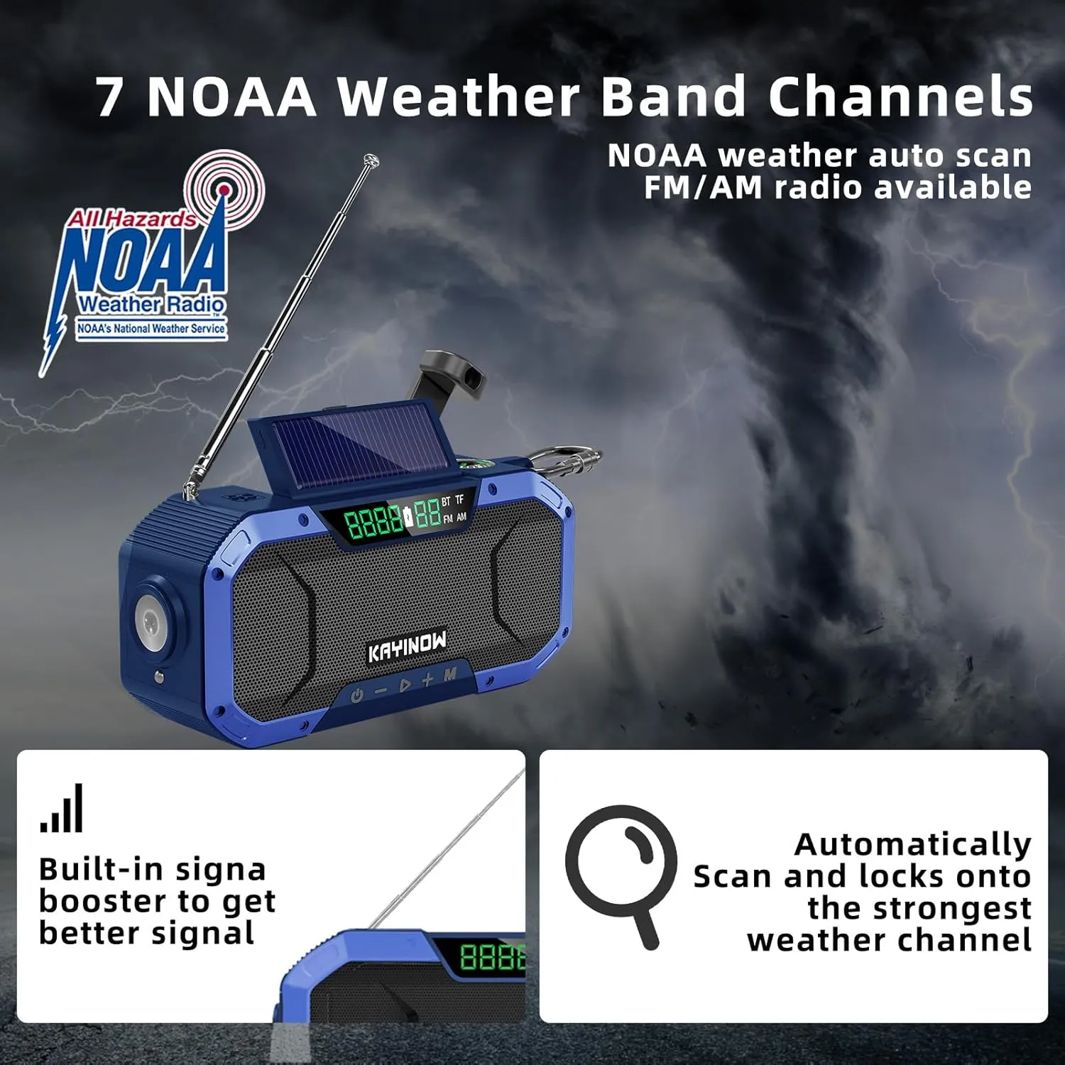 Auto Scan Emergency Weather Radio with Bluetooth Speaker NOAA FM AM,5000mAh Phong Power Bank with USB-C/Hank Crank/Solar,Flashlight,MicroSD Playback,SOS Alarm for Indoor/Outdoor Emergencies Survival
