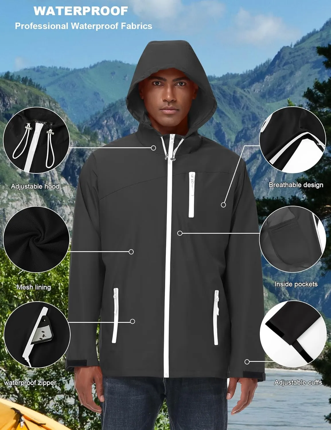 Avoogue Mens Waterproof Lightweight Rain Jacket Breathable Active Outdoor Hooded Raincoat Casual Trendy Jackets Work Jacket