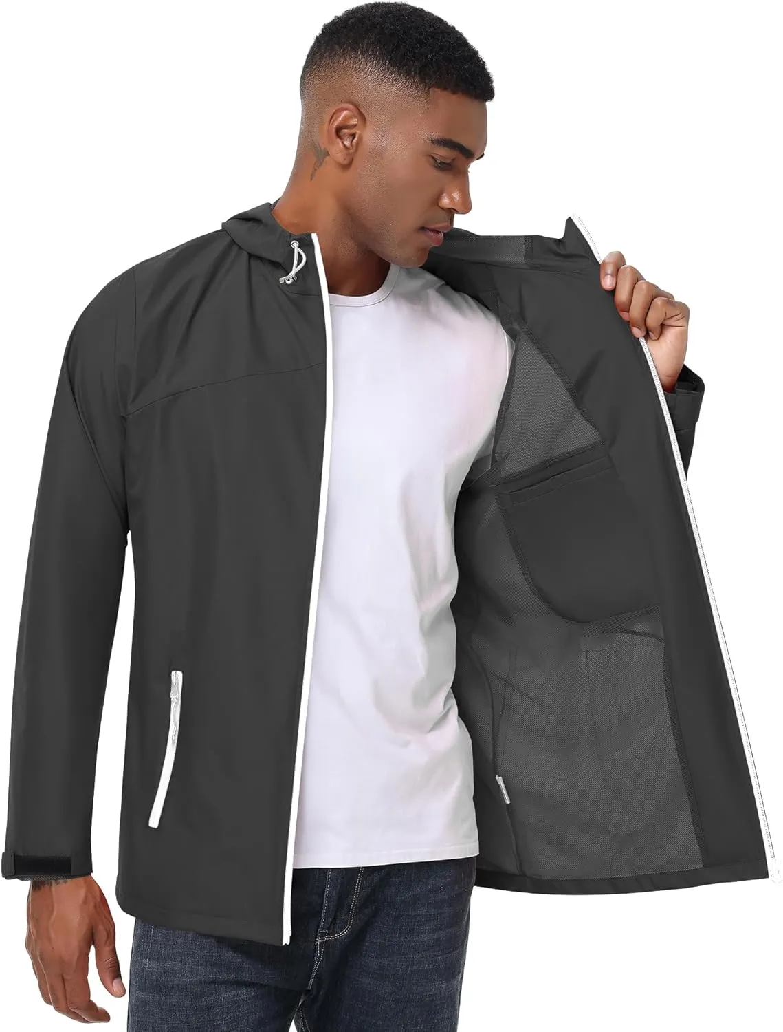 Avoogue Mens Waterproof Lightweight Rain Jacket Breathable Active Outdoor Hooded Raincoat Casual Trendy Jackets Work Jacket