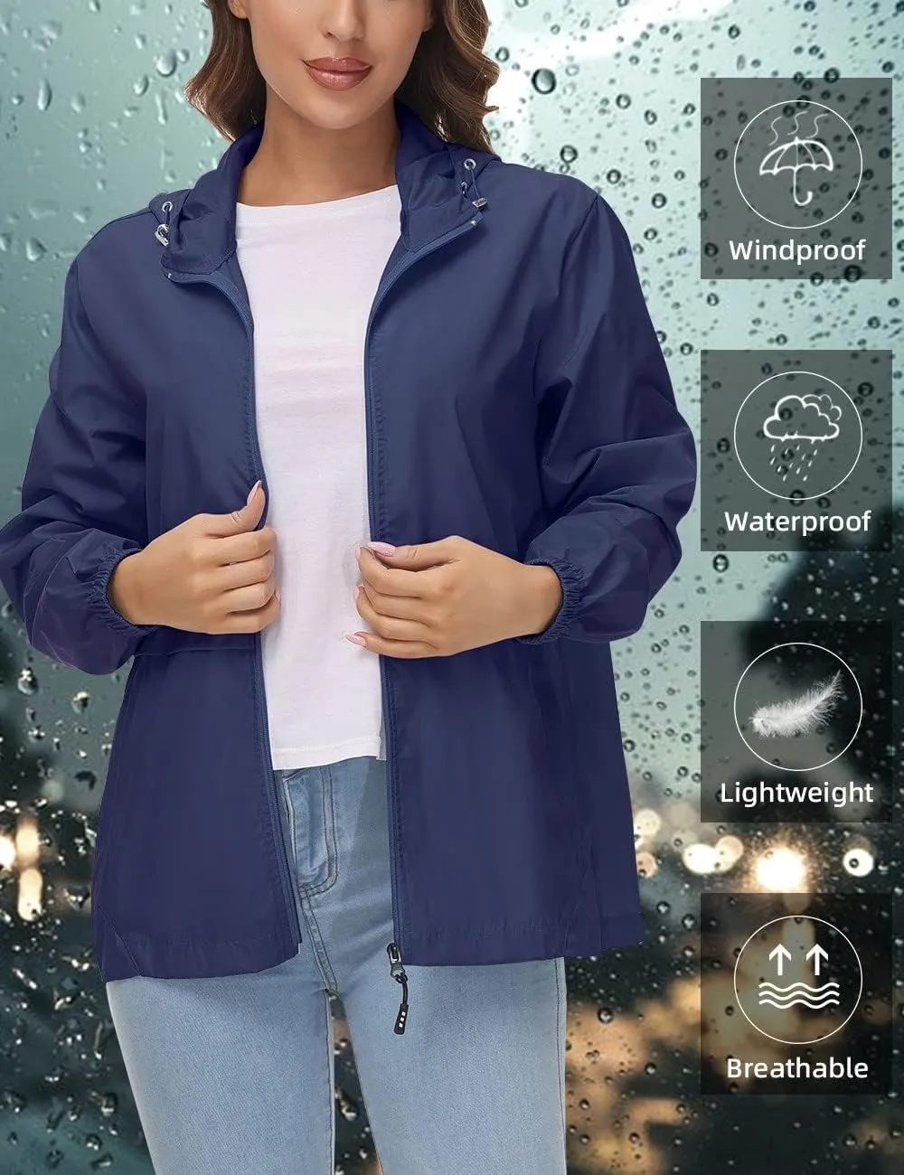 Avoogue Womens Waterproof Rain Jacket Lightweight Raincoat Packable Hooded Outdoor Windbreaker