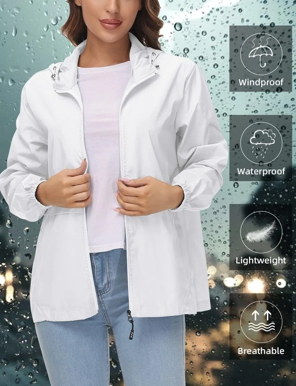 Avoogue Womens Waterproof Rain Jacket Lightweight Raincoat Packable Hooded Outdoor Windbreaker