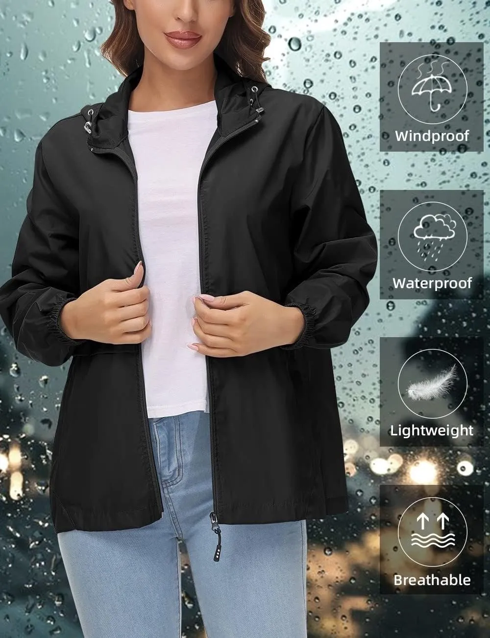 Avoogue Womens Waterproof Rain Jacket Lightweight Raincoat Packable Hooded Outdoor Windbreaker
