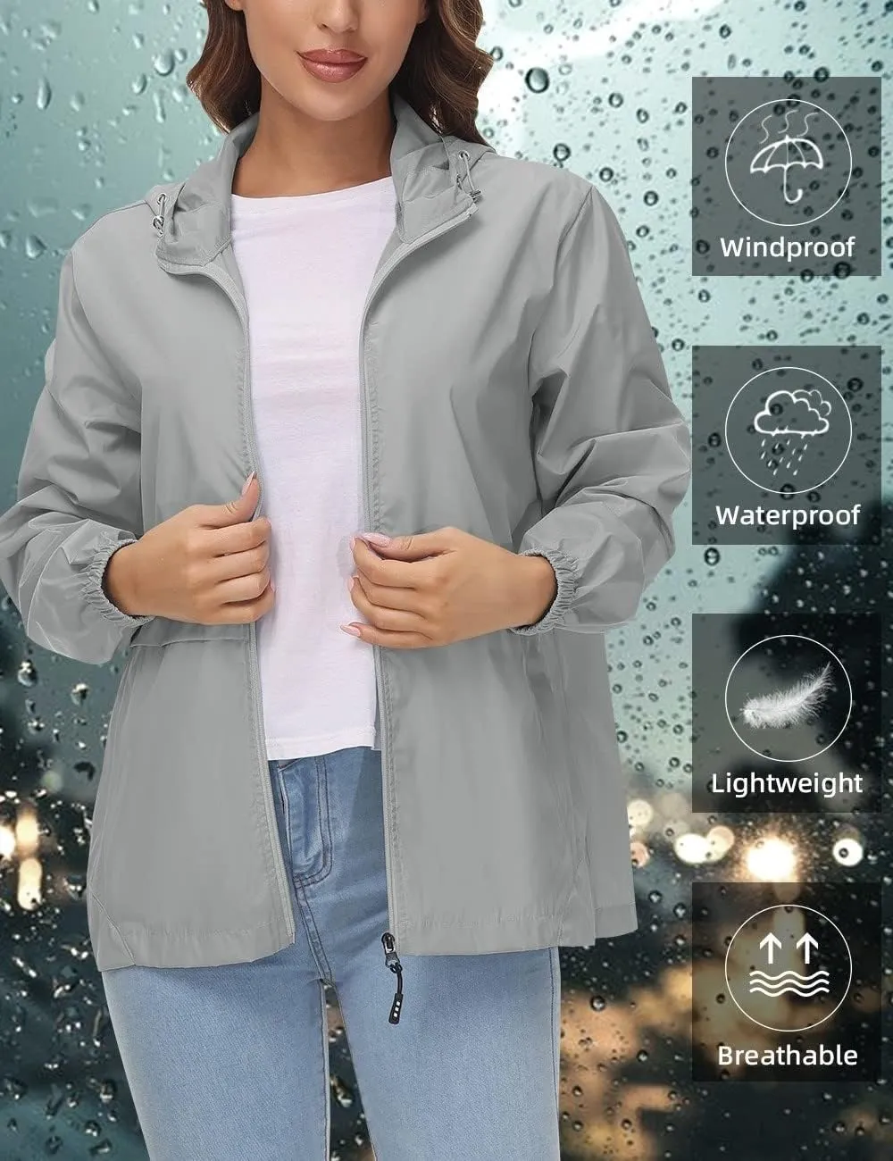 Avoogue Womens Waterproof Rain Jacket Lightweight Raincoat Packable Hooded Outdoor Windbreaker