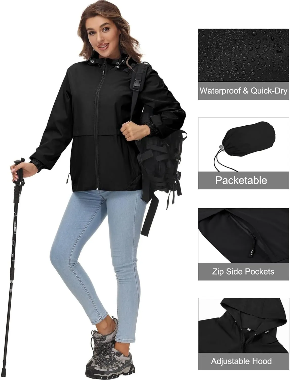 Avoogue Womens Waterproof Rain Jacket Lightweight Raincoat Packable Hooded Outdoor Windbreaker