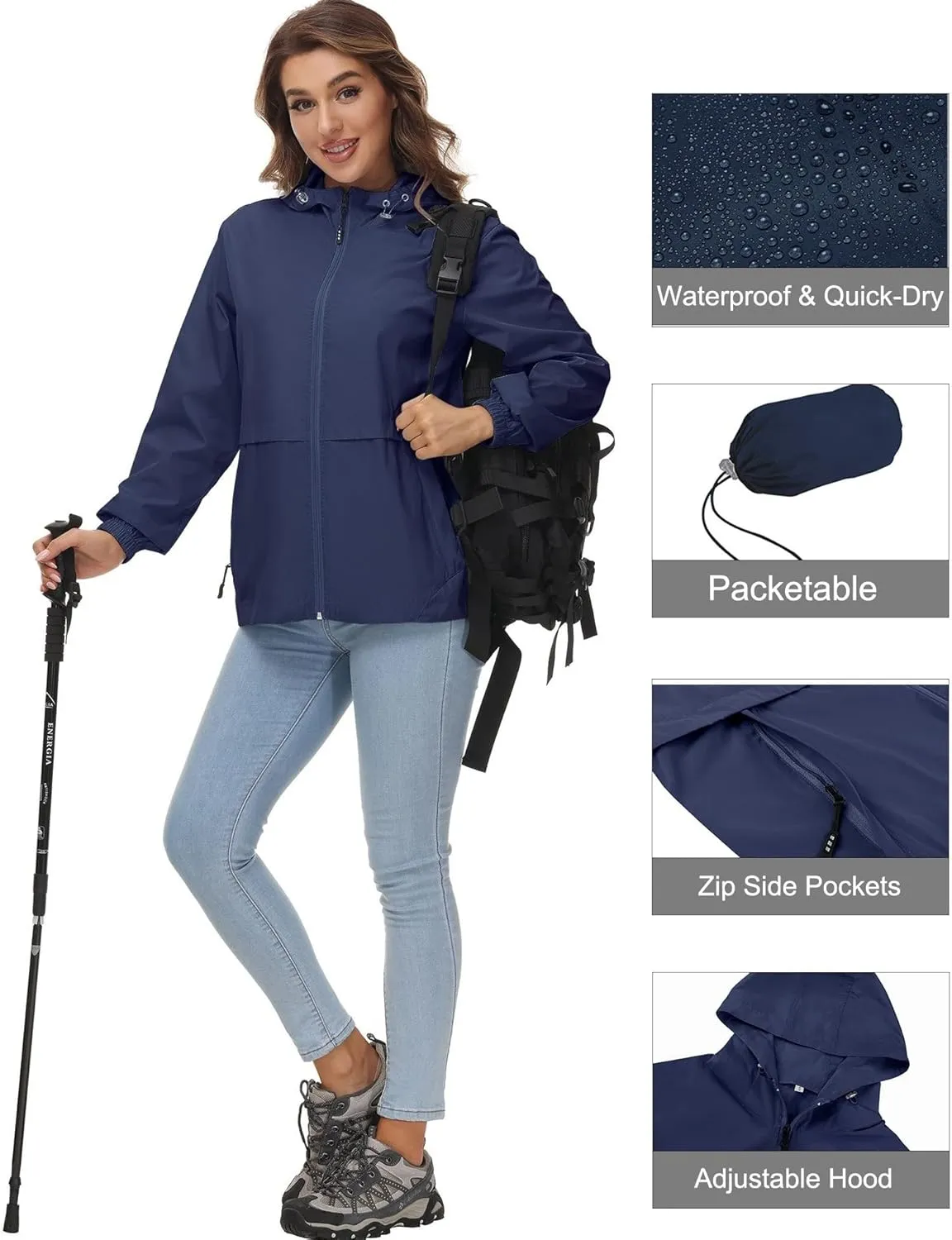 Avoogue Womens Waterproof Rain Jacket Lightweight Raincoat Packable Hooded Outdoor Windbreaker