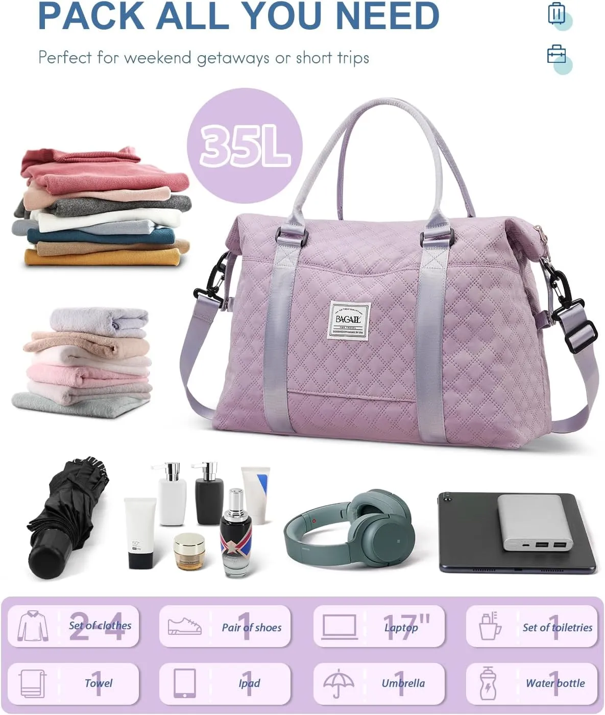 BAGAIL Travel Duffel Bag, Weekender Bags for Women, Overnight Gym Carry On Tote Bag with Wet Pocket, Hospital Mom Bag for Labor and Delivery - Grid-Purple