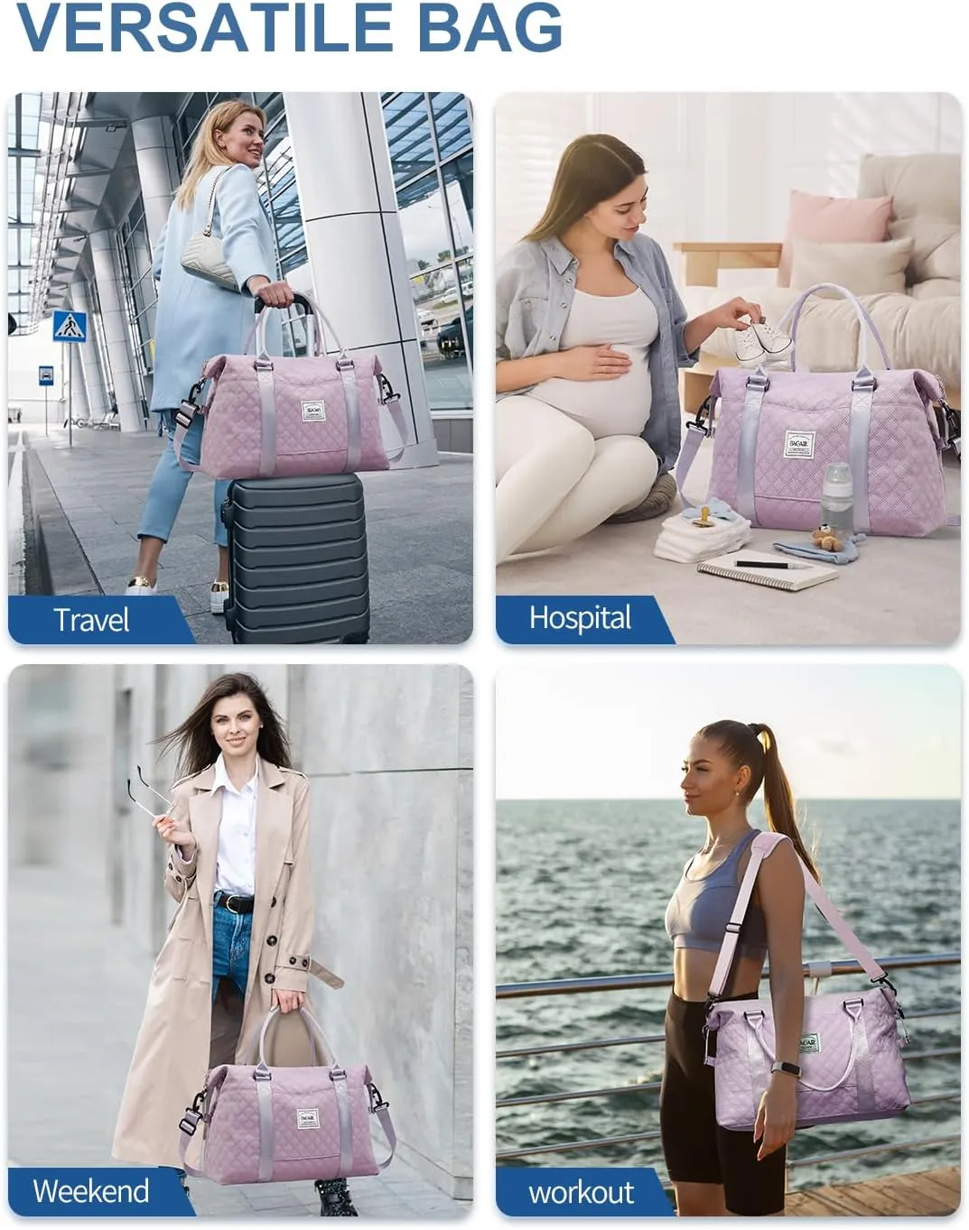 BAGAIL Travel Duffel Bag, Weekender Bags for Women, Overnight Gym Carry On Tote Bag with Wet Pocket, Hospital Mom Bag for Labor and Delivery - Grid-Purple