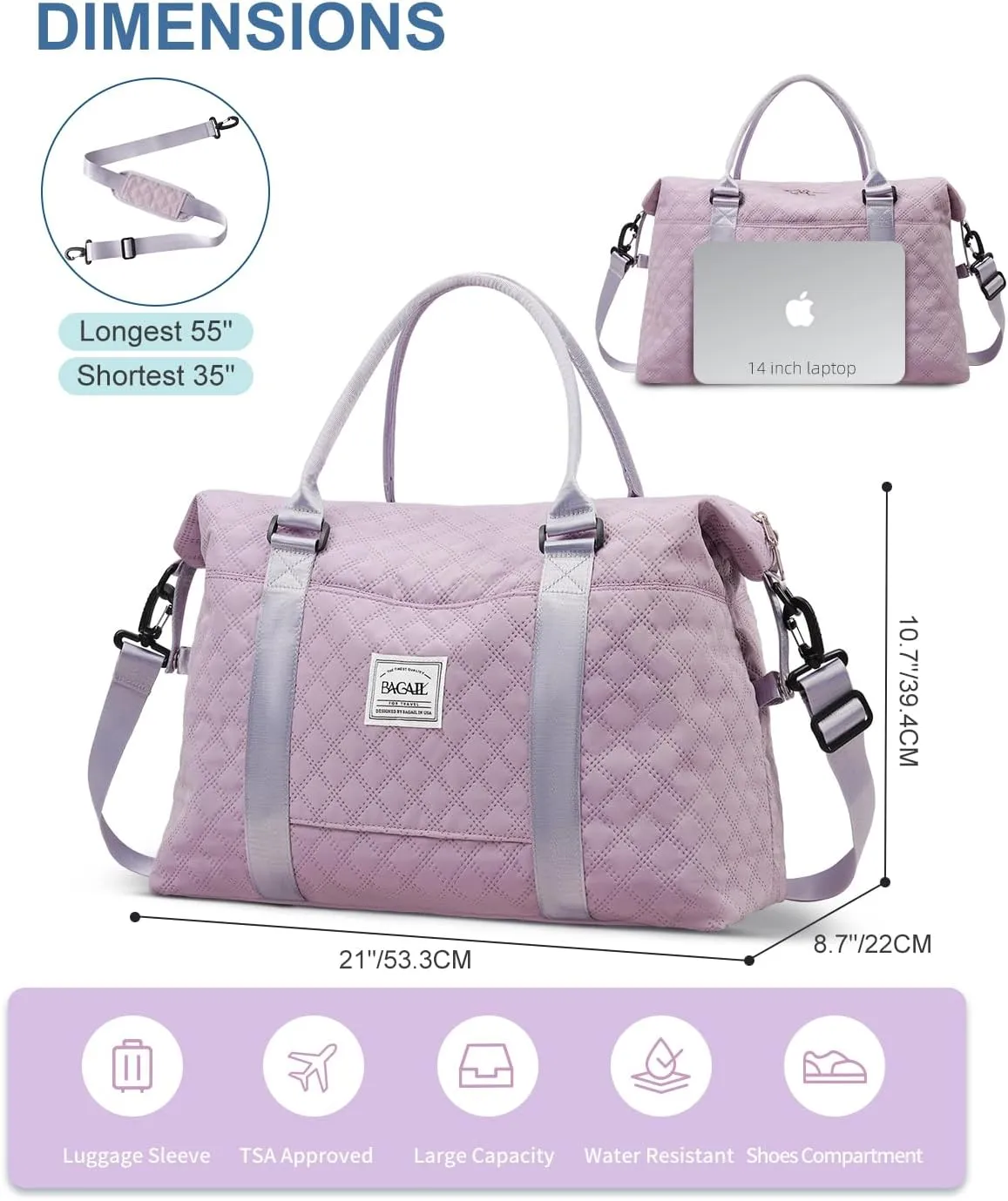 BAGAIL Travel Duffel Bag, Weekender Bags for Women, Overnight Gym Carry On Tote Bag with Wet Pocket, Hospital Mom Bag for Labor and Delivery - Grid-Purple