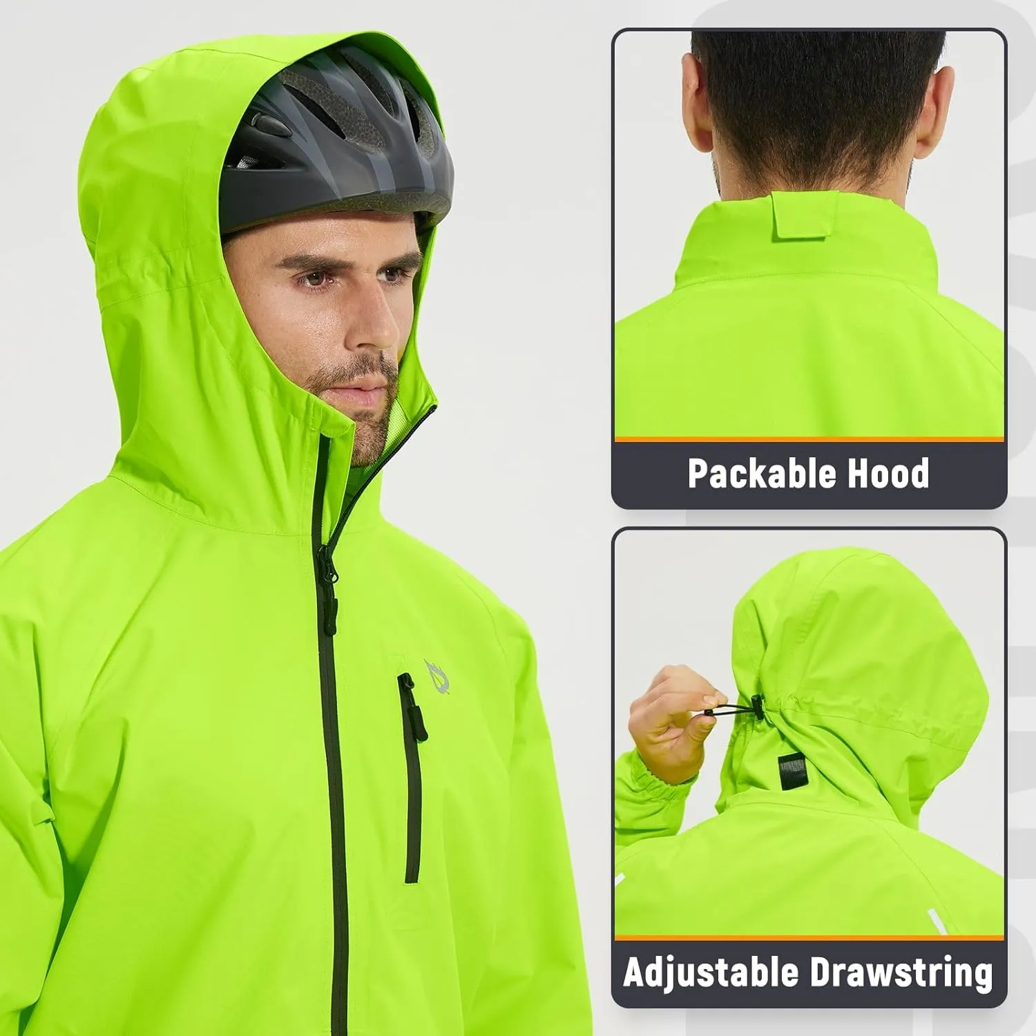 baleaf Men's Rain Jacket Waterproof Running Cycling Windbreaker Golf Hiking Gear Hood Raincoat Packable Reflective