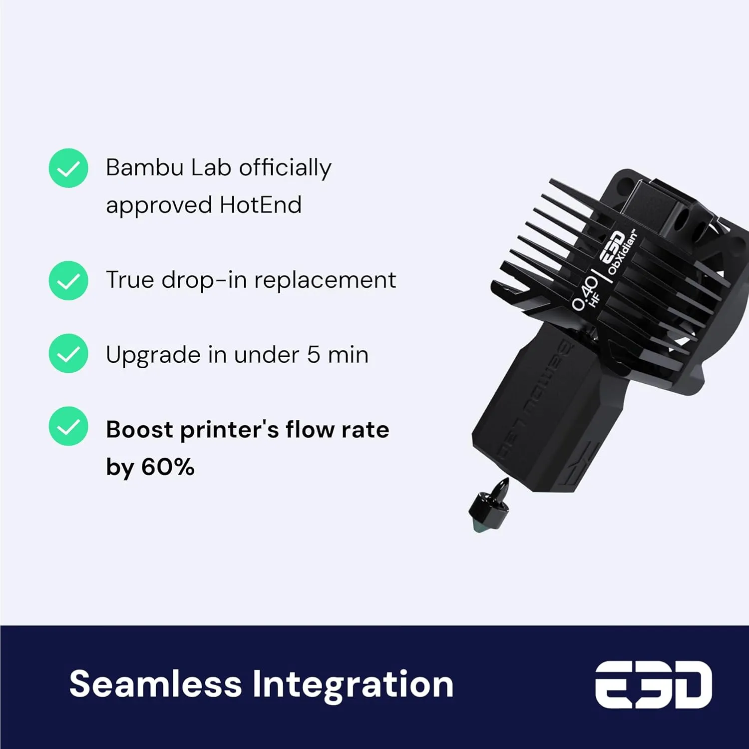 Bambu Lab High Flow Hotend – ObXidian™ 0.4mm Nozzle Compatible with P1 Series (P1P, P1S), Bambu Approved – 60% Increased Flow Rate, Faster, Smoother 3D Printing, Easy Drop-in Installation