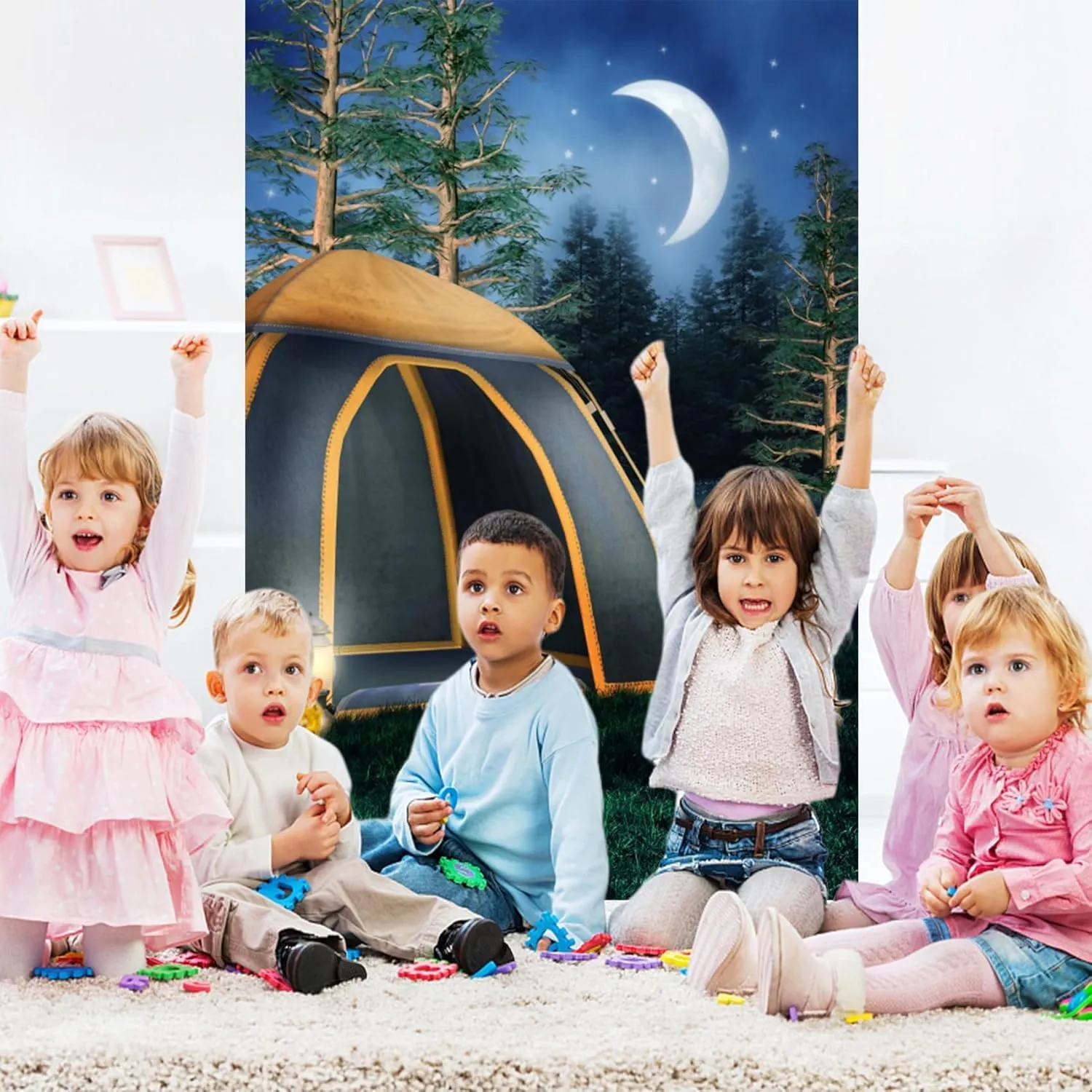 Baocicco 6x9ft Camping Trip Backdrop Night Scene Backdrop Tent Green Grass Lawn Bonfire Pine Trees Photography Background Camping Summer Holiday Family Outdoor Party Adventure Leisure