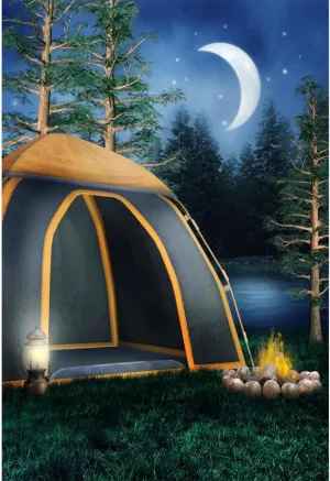 Baocicco 6x9ft Camping Trip Backdrop Night Scene Backdrop Tent Green Grass Lawn Bonfire Pine Trees Photography Background Camping Summer Holiday Family Outdoor Party Adventure Leisure